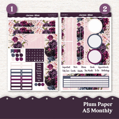 Plum Paper Monthly Sticker Kit for 8x11 7x9 A5 Planners - Kit 45 Forget Me Not Planner Stickers Dark Floral and Pink