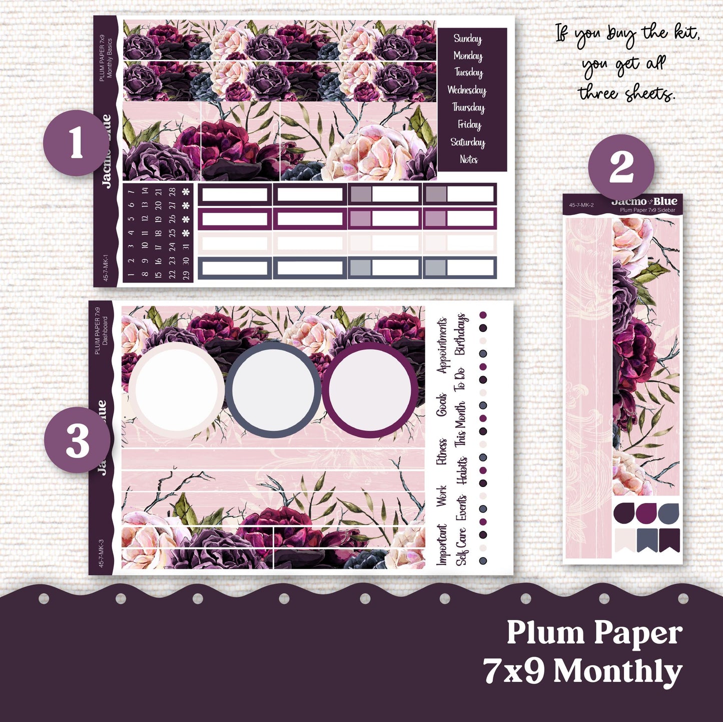 Plum Paper Monthly Sticker Kit for 8x11 7x9 A5 Planners - Kit 45 Forget Me Not Planner Stickers Dark Floral and Pink