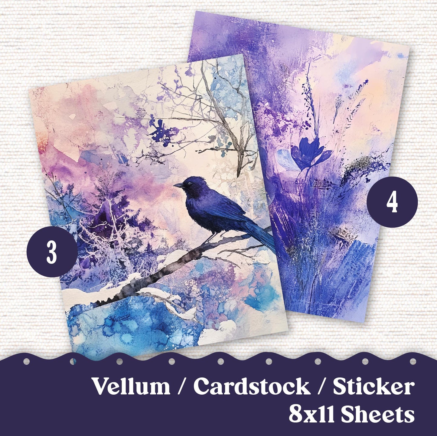 Vellum or Cardstock Dashboard Tip-in for Planners or Junk Journaling - Kit 103V Vellum Purple Ephemera Winter Blue