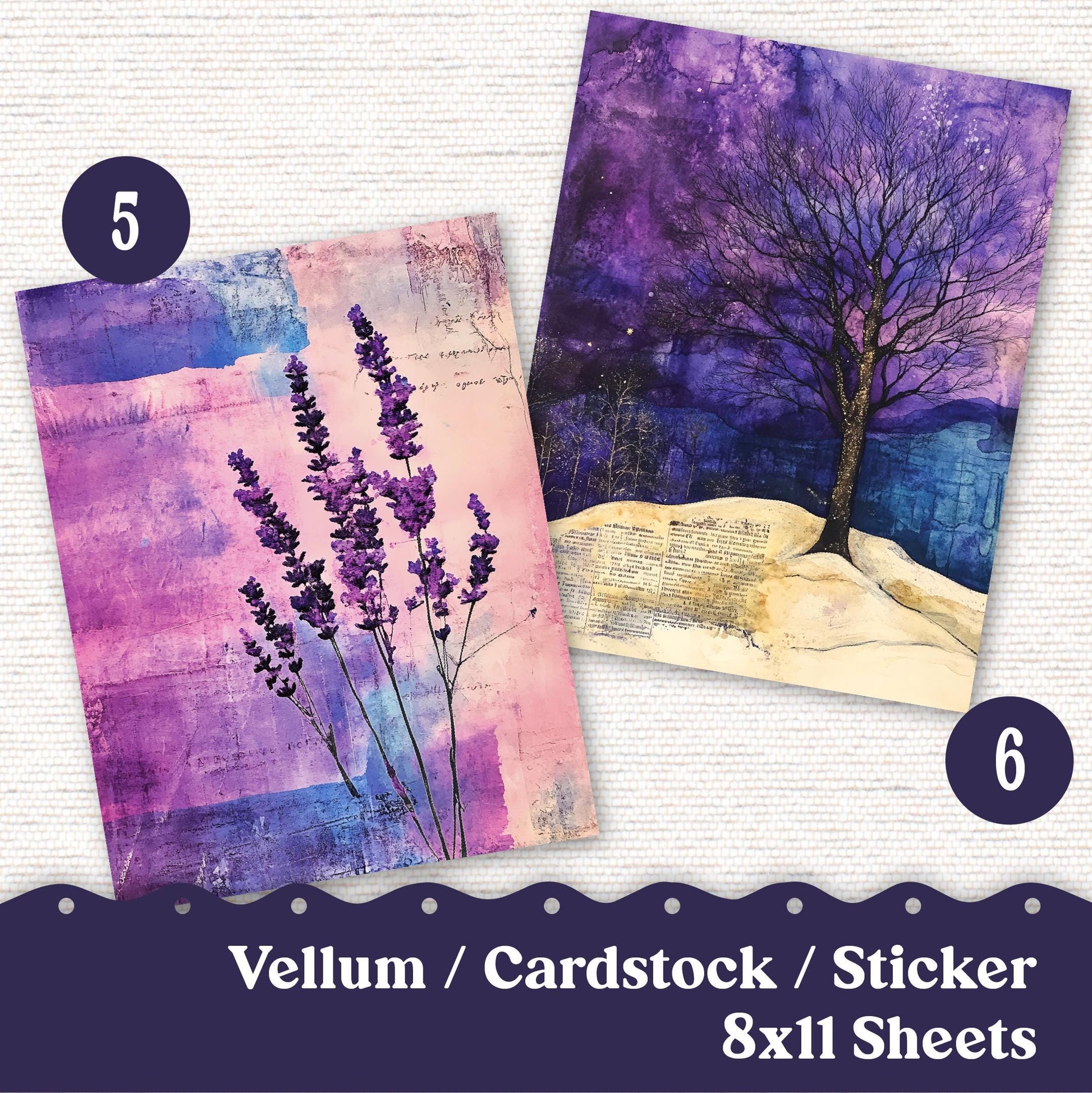 Vellum or Cardstock Dashboard Tip-in for Planners or Junk Journaling - Kit 103V Vellum Purple Ephemera Winter Blue