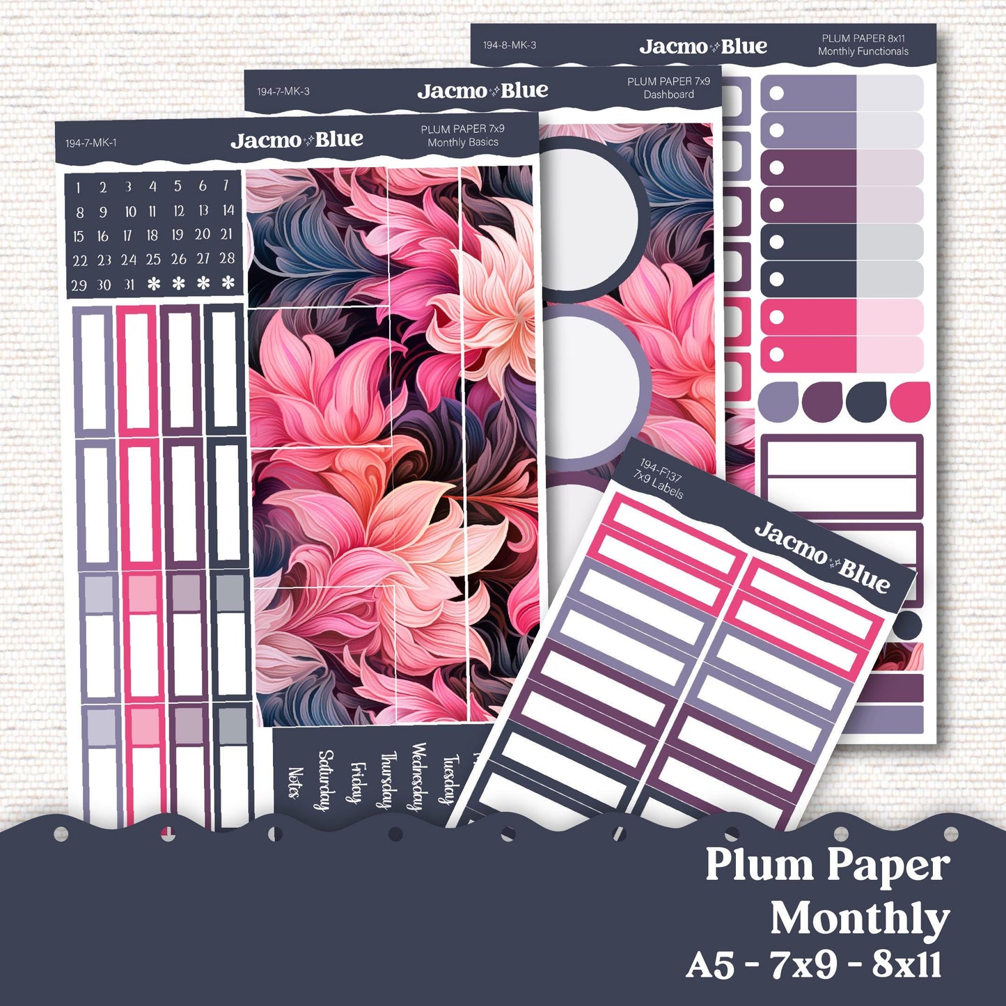 Hard Crush Plum Paper Monthly Sticker Kit for 8x11 7x9 A5 Planners - Kit 194 Planner Stickers