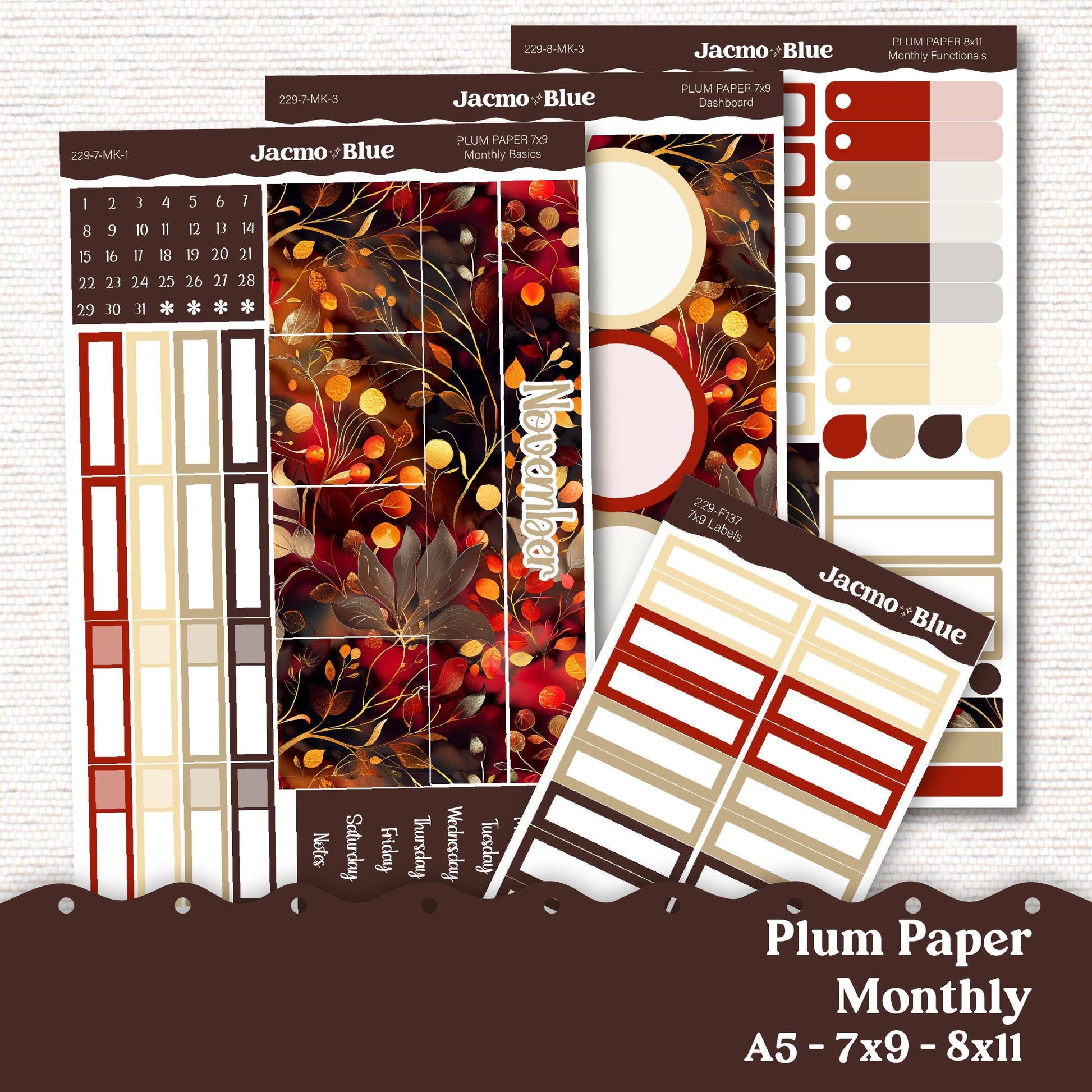 November Plum Paper Monthly Sticker Kit for 8x11 7x9 A5 Planners - Kit 229 Planner Stickers