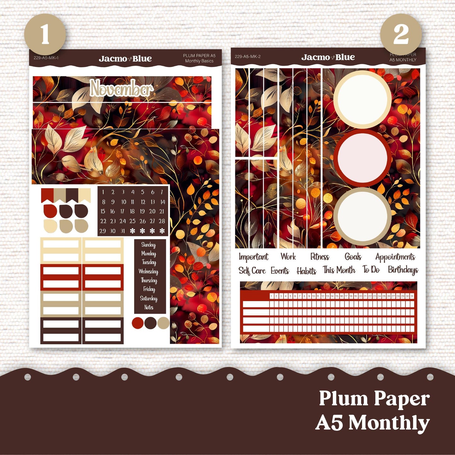 November Plum Paper Monthly Sticker Kit for 8x11 7x9 A5 Planners - Kit 229 Planner Stickers