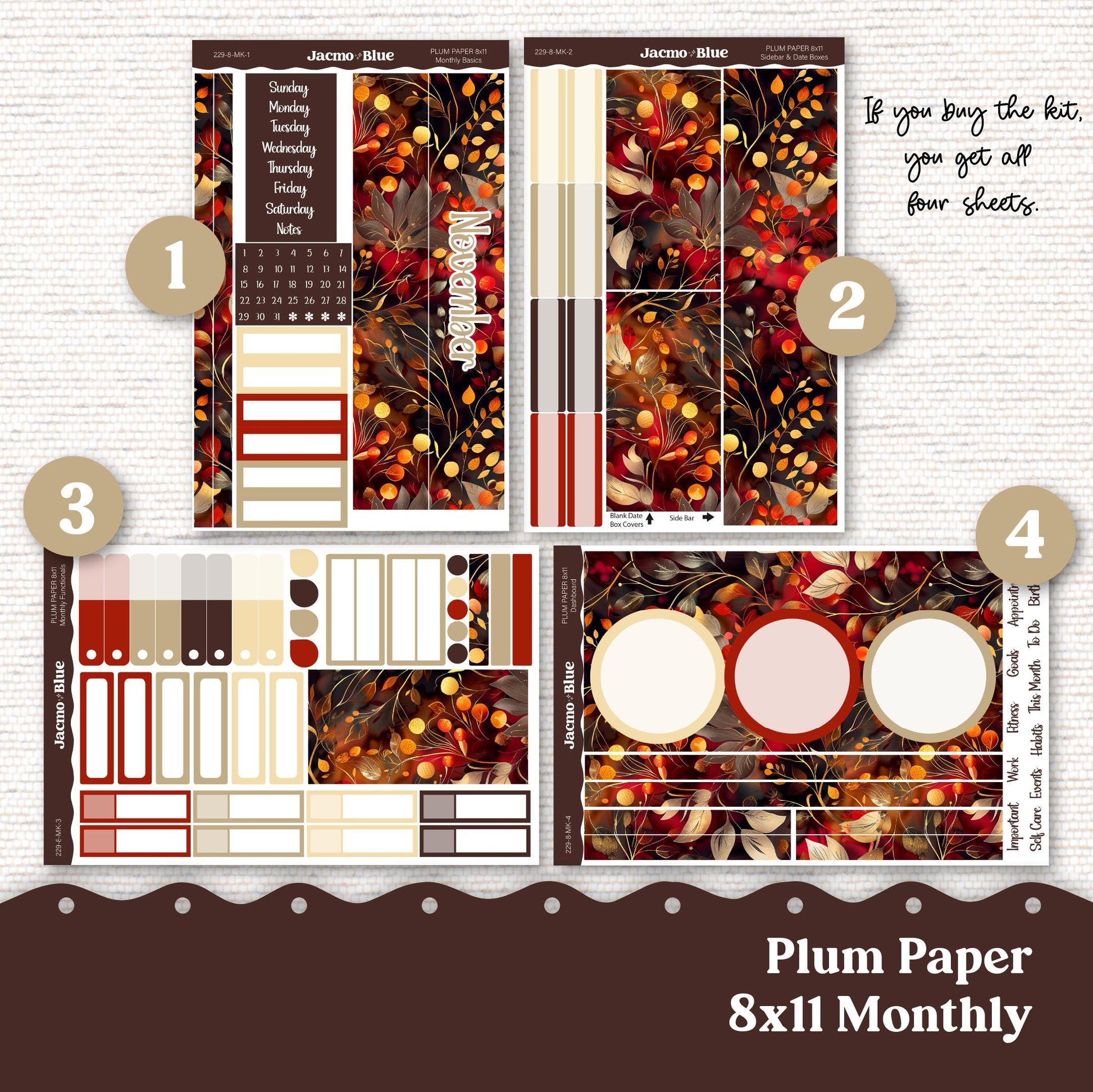 November Plum Paper Monthly Sticker Kit for 8x11 7x9 A5 Planners - Kit 229 Planner Stickers