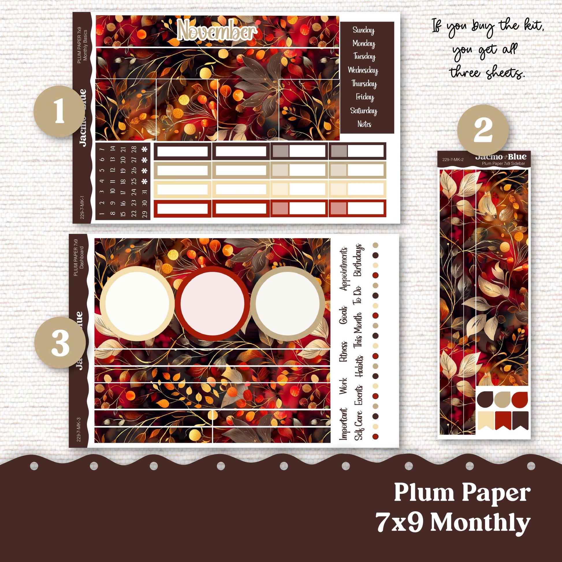 November Plum Paper Monthly Sticker Kit for 8x11 7x9 A5 Planners - Kit 229 Planner Stickers