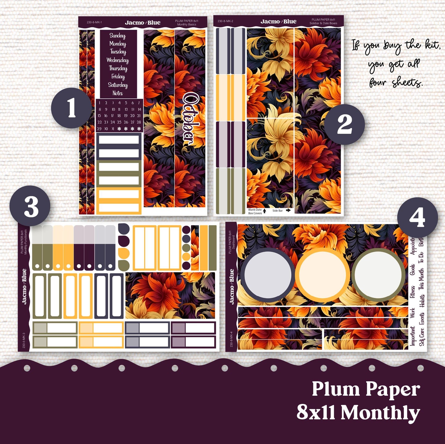 October Plum Paper Monthly Sticker Kit for 8x11 7x9 A5 Planners - Kit 230 Planner Stickers