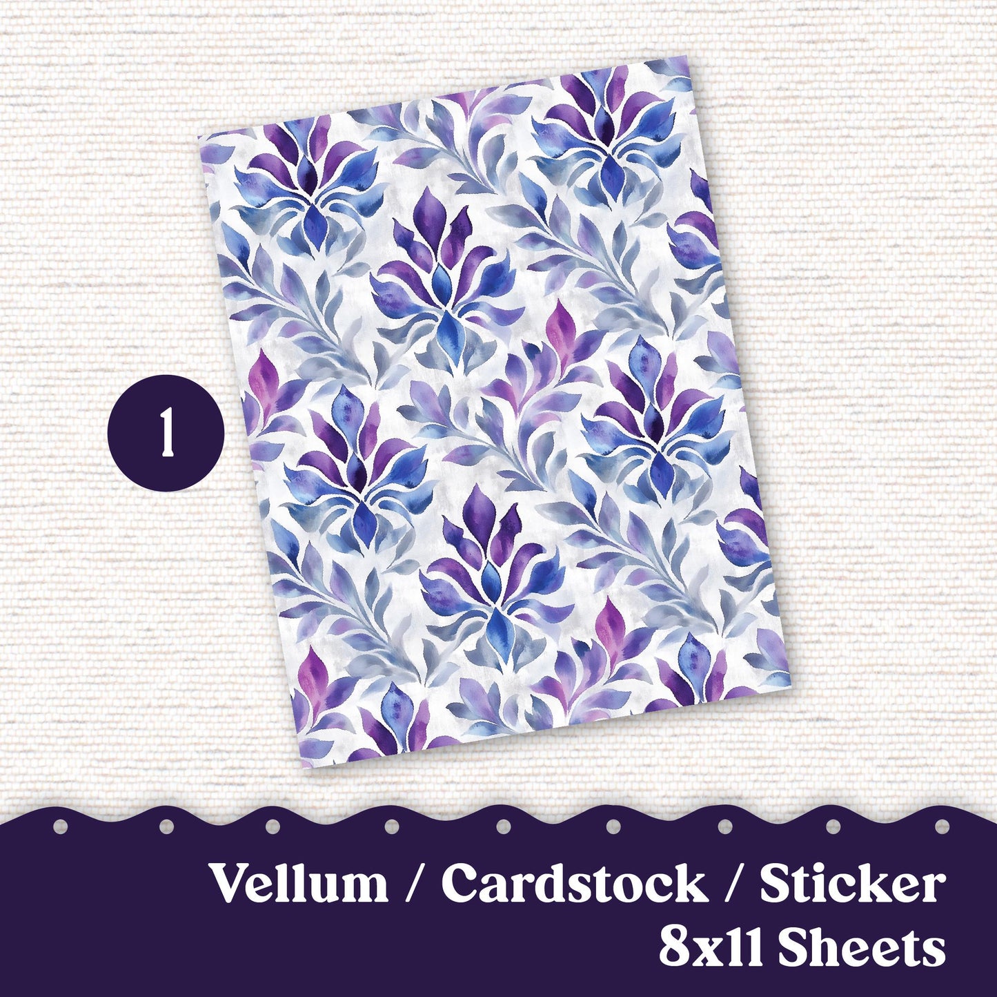 Vellum or Cardstock Dashboard Tip-in for Planners or Junk Journaling - 105V - Purple Damask