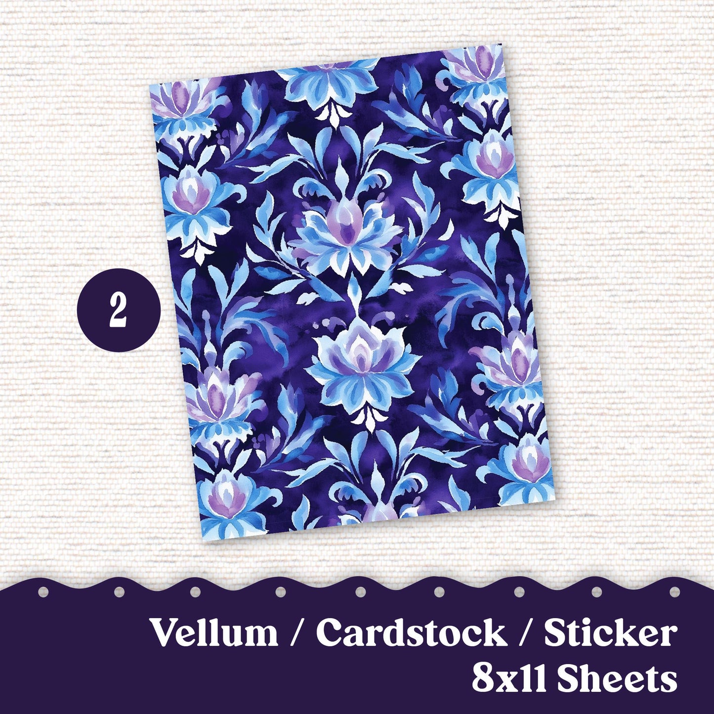 Vellum or Cardstock Dashboard Tip-in for Planners or Junk Journaling - 105V - Purple Damask