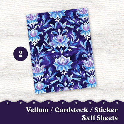 Vellum or Cardstock Dashboard Tip-in for Planners or Junk Journaling - 105V - Purple Damask