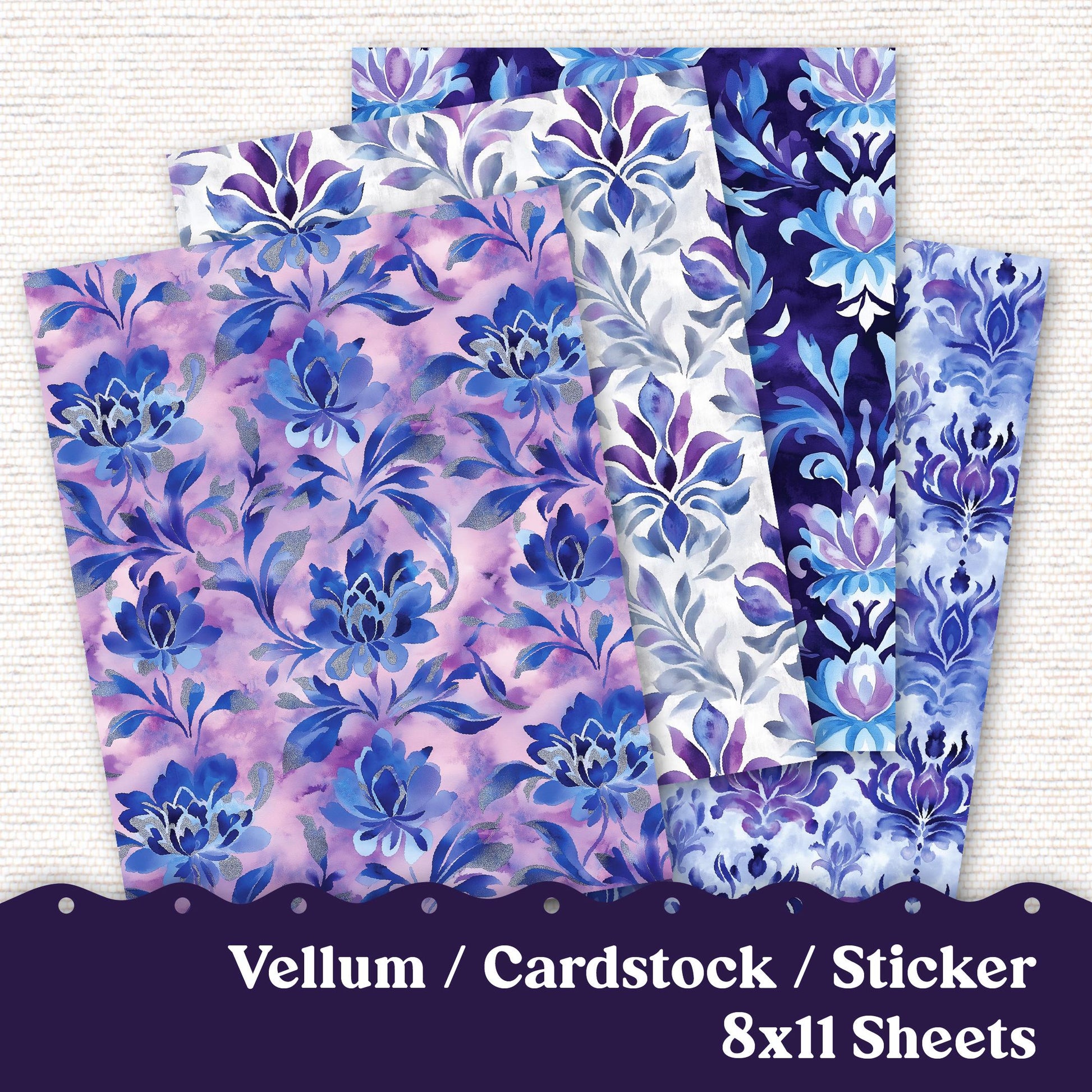 Vellum or Cardstock Dashboard Tip-in for Planners or Junk Journaling - 105V - Purple Damask