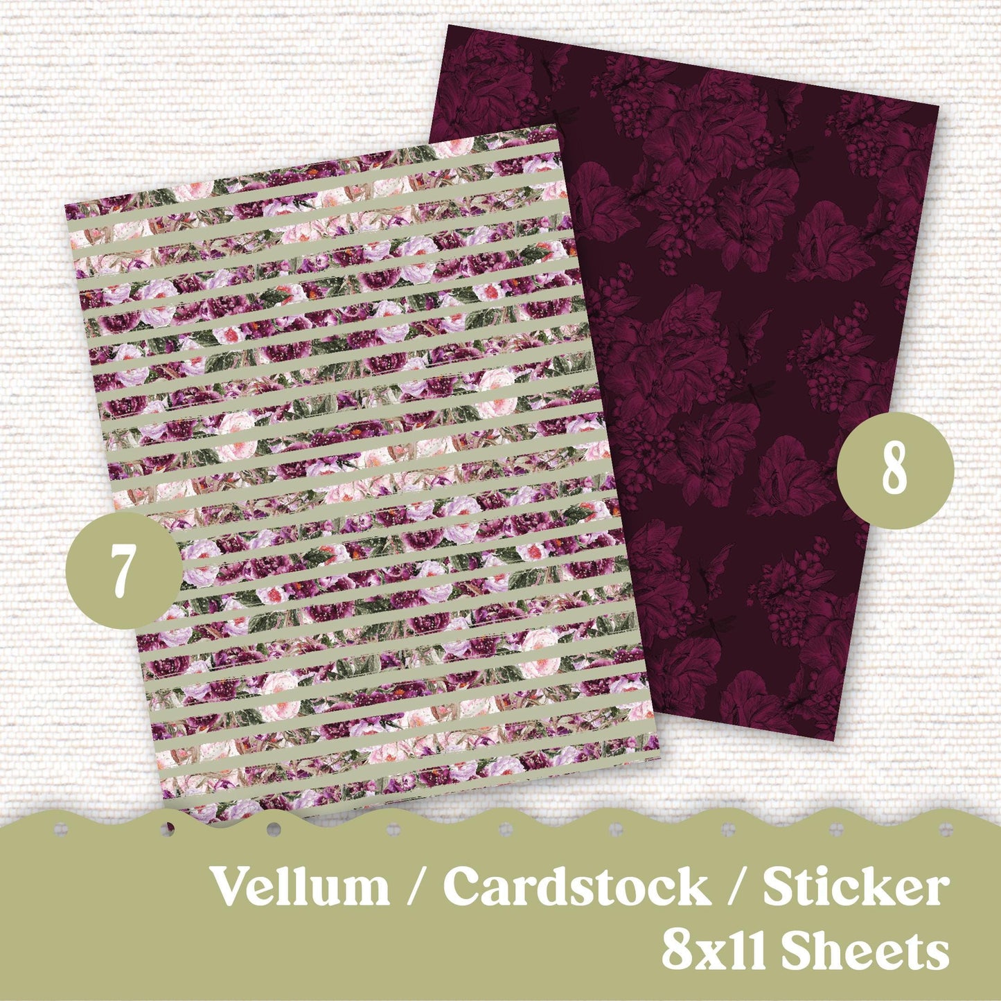 Vellum or Cardstock Dashboard Tip-in for Planners or Junk Journaling - Kit 102V Vellum Pink Green Floral