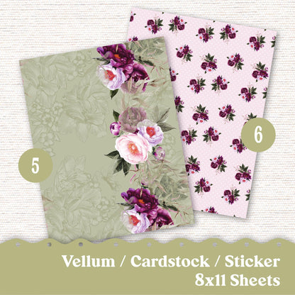 Vellum or Cardstock Dashboard Tip-in for Planners or Junk Journaling - Kit 102V Vellum Pink Green Floral