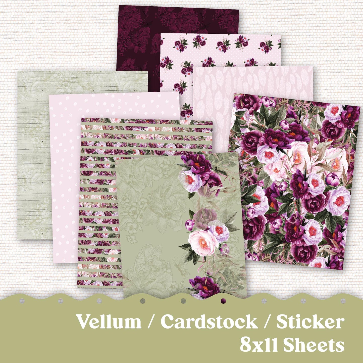 Vellum or Cardstock Dashboard Tip-in for Planners or Junk Journaling - Kit 102V Vellum Pink Green Floral