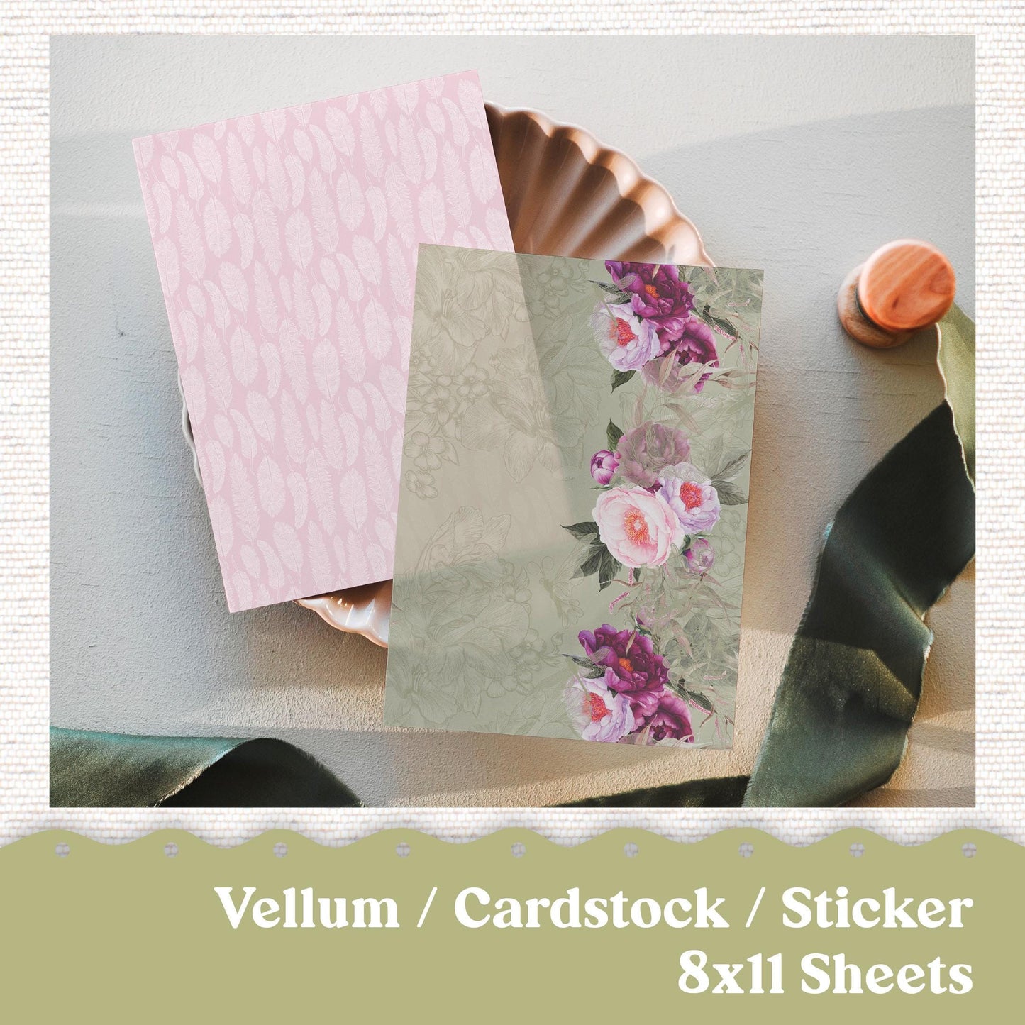 Vellum or Cardstock Dashboard Tip-in for Planners or Junk Journaling - Kit 102V Vellum Pink Green Floral