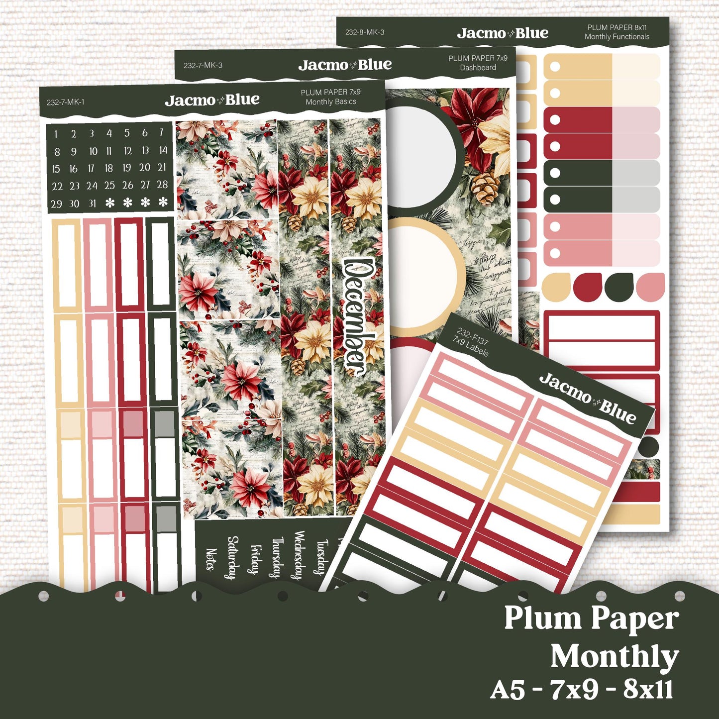 Plum Paper Monthly Sticker Kit for 8x11 7x9 A5 Planners - Kit 232 Christmas December Vintage Shabby Chic