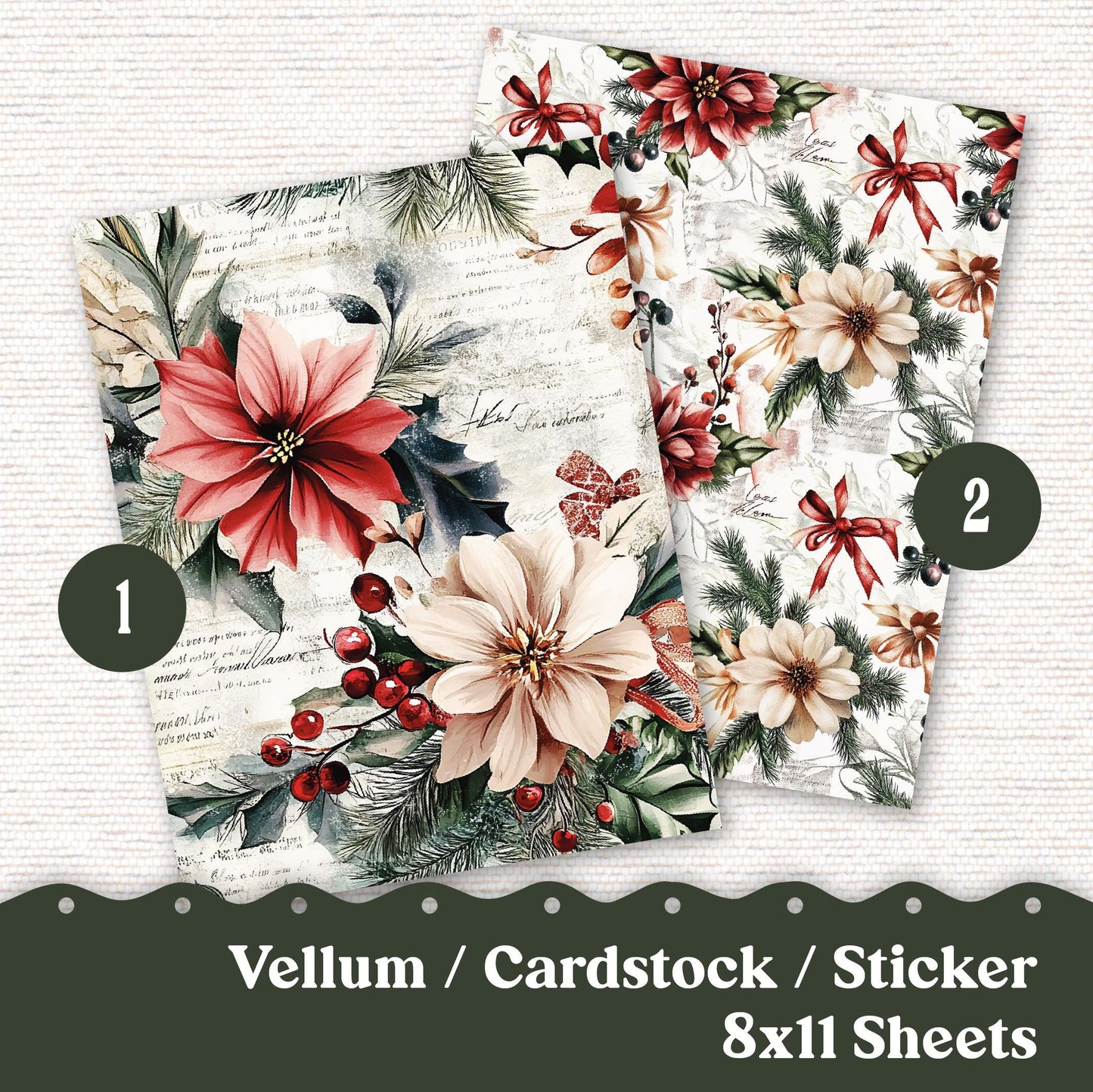 Vellum or Cardstock Dashboard Tip-in for Planners or Junk Journaling - Kit 232V Vellum Vintage Christmas December Shabby Chic Bundle 8 Sheet