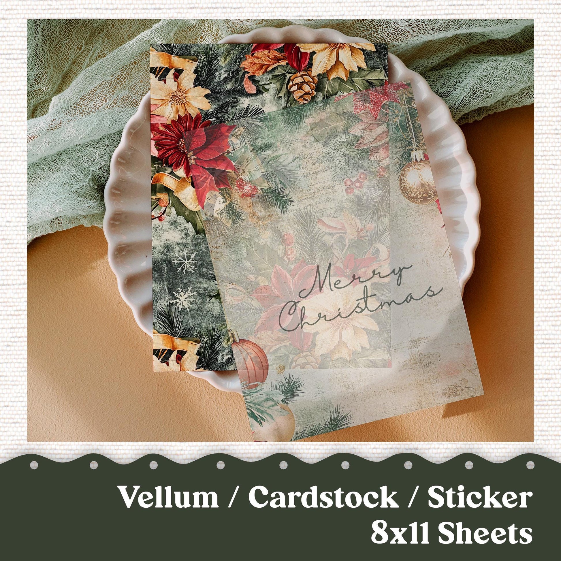 Vellum or Cardstock Dashboard Tip-in for Planners or Junk Journaling - Kit 232V Vellum Vintage Christmas December Shabby Chic Bundle 8 Sheet