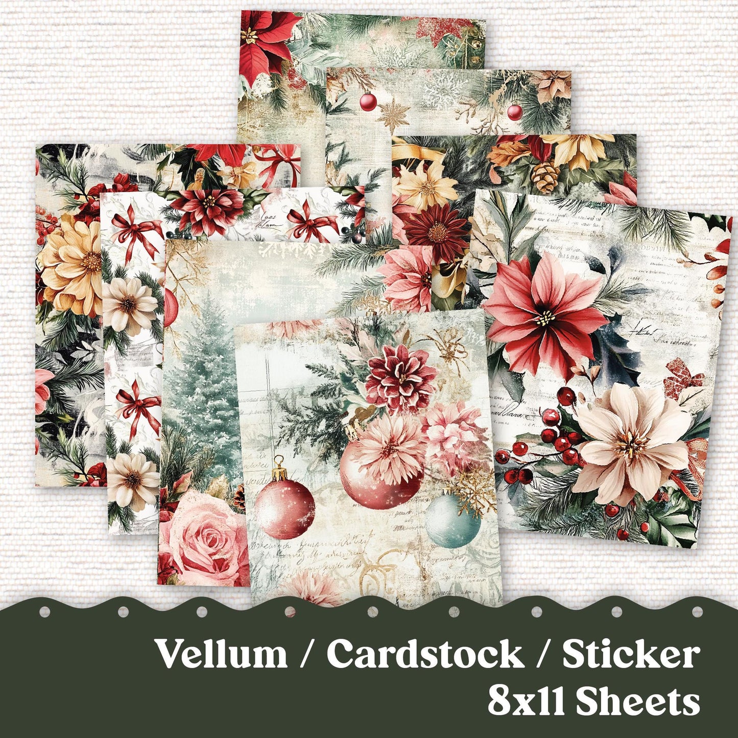 Vellum or Cardstock Dashboard Tip-in for Planners or Junk Journaling - Kit 232V Vellum Vintage Christmas December Shabby Chic Bundle 8 Sheet