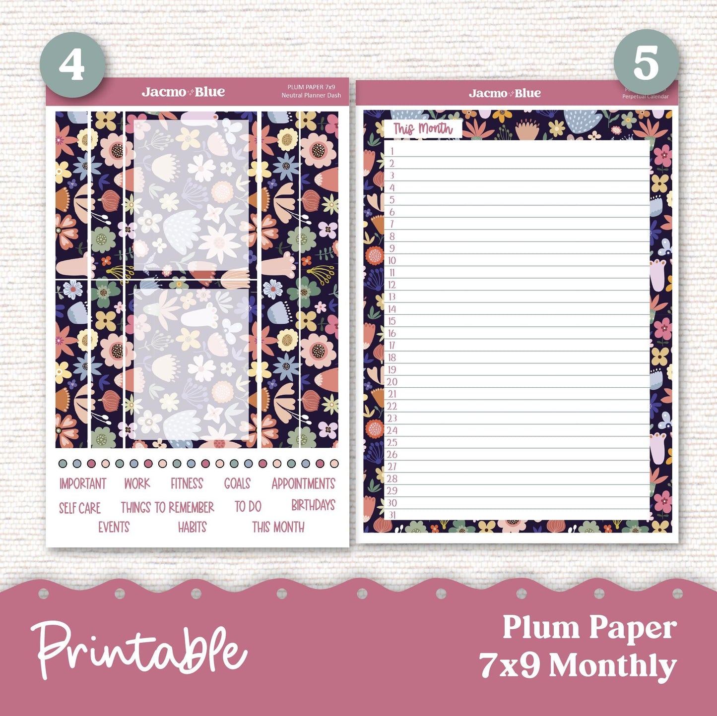 PRINTABLE Plum Paper Planner Monthly Stickers Spring 8x11 7x9 A5 Print and Cut - Kit 206P Includes Bill Due Auto Pay and Months