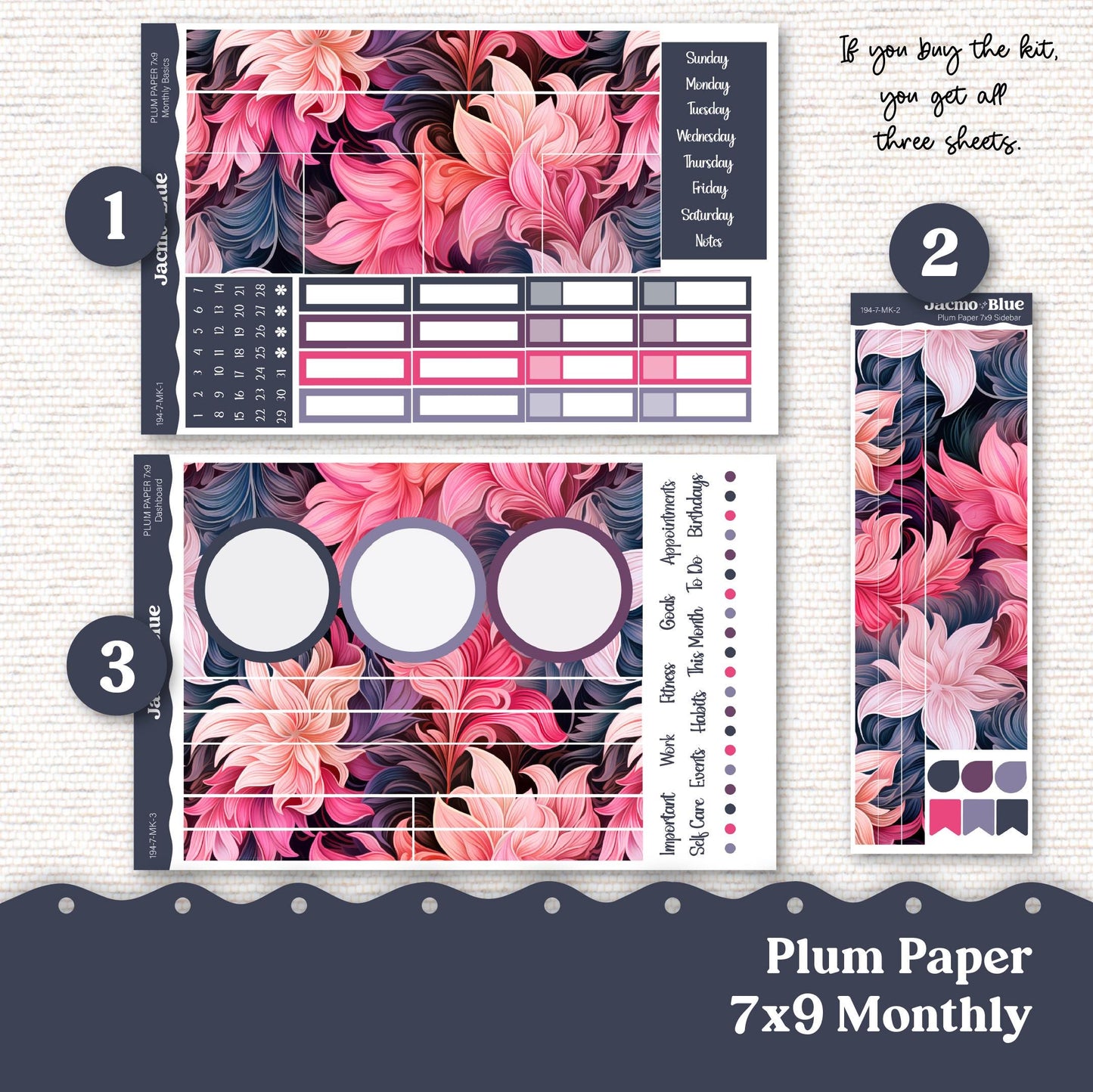 Hard Crush Plum Paper Monthly Sticker Kit for 8x11 7x9 A5 Planners - Kit 194 Planner Stickers