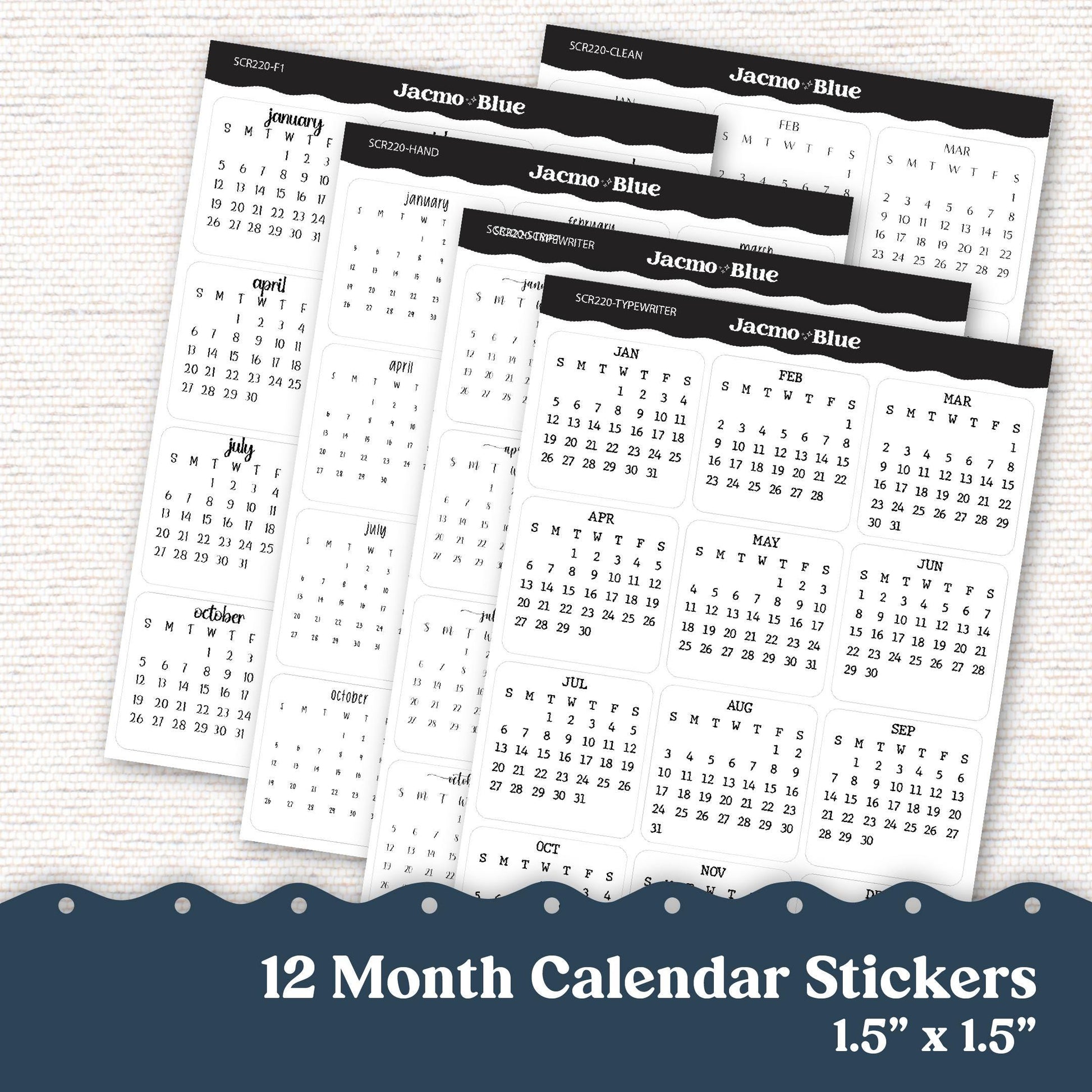 2025 Months Calendar Planner Stickers 1.5" Square - 5 Fonts