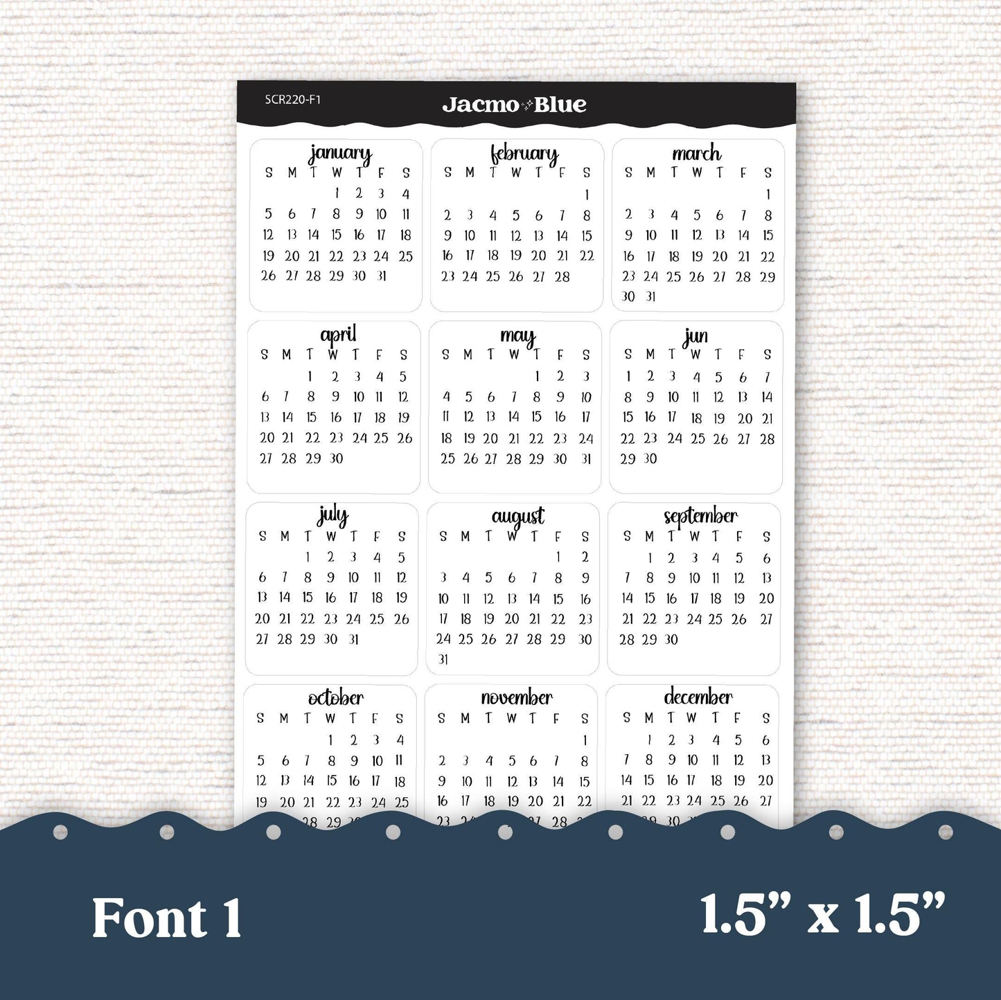 2025 Months Calendar Planner Stickers 1.5" Square - 5 Fonts