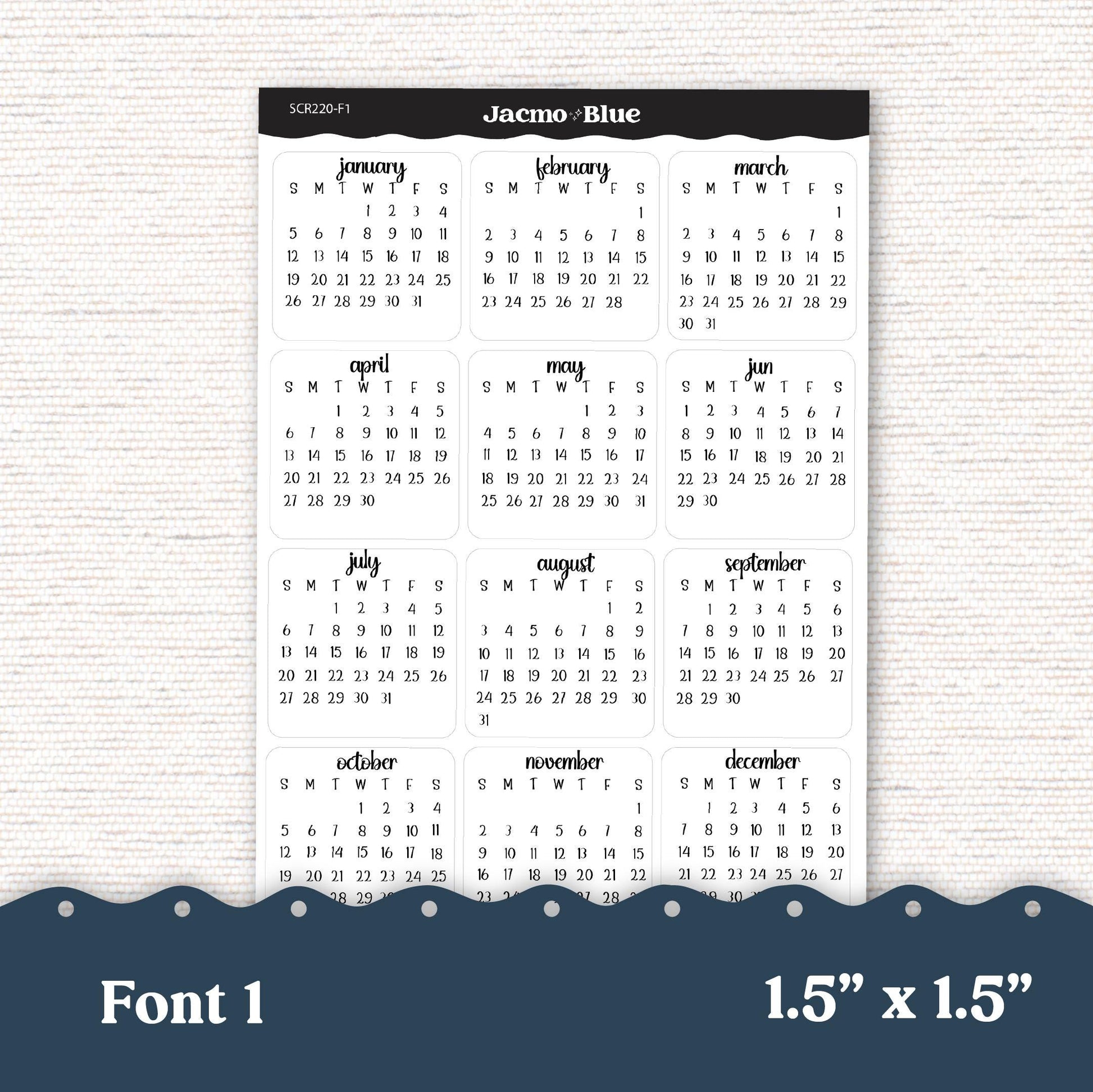 2025 Months Calendar Planner Stickers 1.5" Square - 5 Fonts