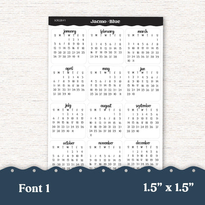 2025 Months Calendar Planner Stickers 1.5" Square - 5 Fonts