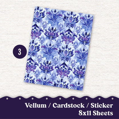 Vellum or Cardstock Dashboard Tip-in for Planners or Junk Journaling - 105V - Purple Damask