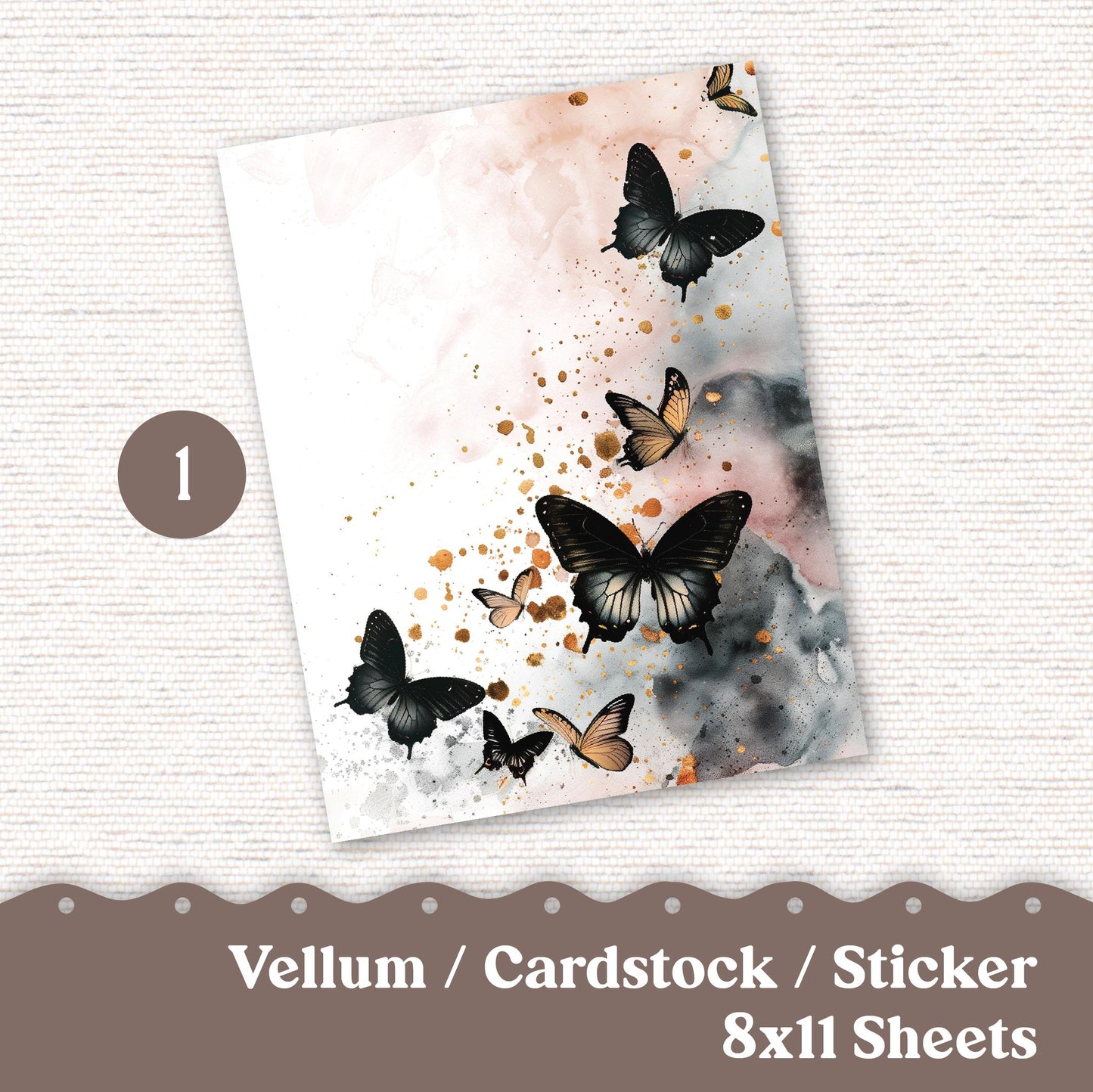 Vellum or Cardstock Dashboard Tip-in for Planners or Junk Journaling - 108V - Black Butterflies