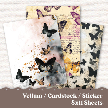 Vellum or Cardstock Dashboard Tip-in for Planners or Junk Journaling - 108V - Black Butterflies