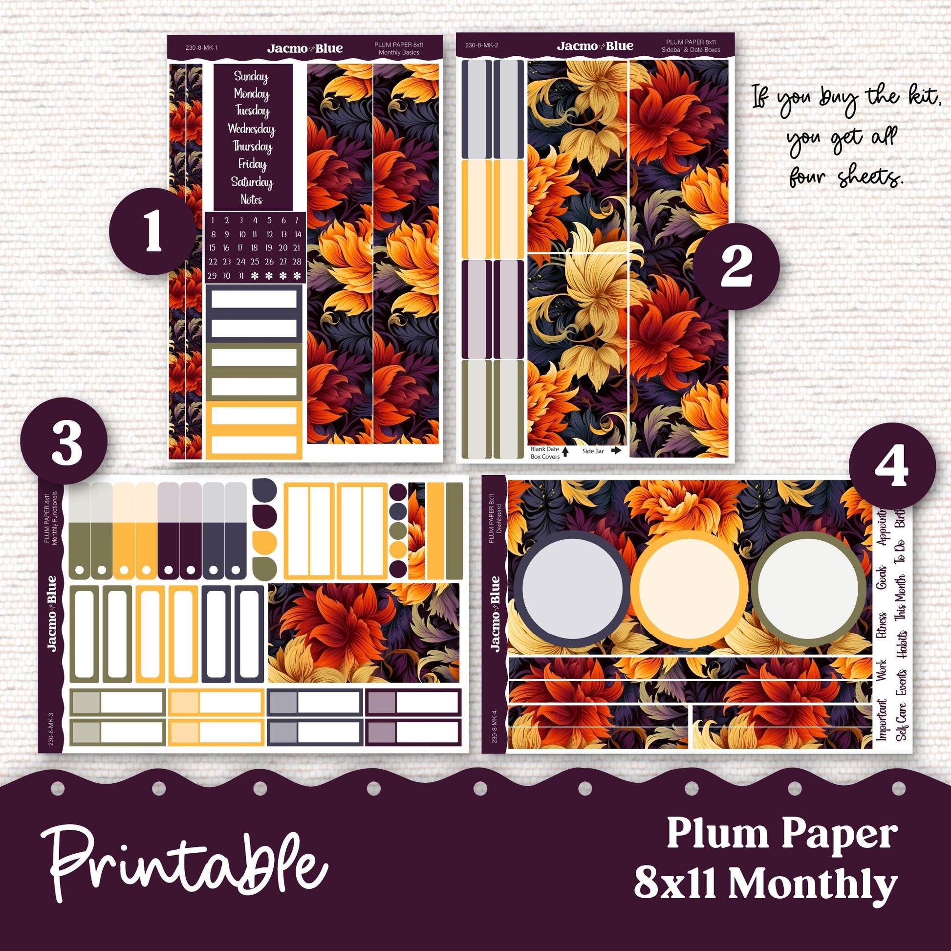 Firey Plum Paper Planner PRINTABLE Monthly Stickers 8x11 7x9 A5 Print Cut Download Cricut Transparent PNG and Silhouette - 230P Fall Autumn