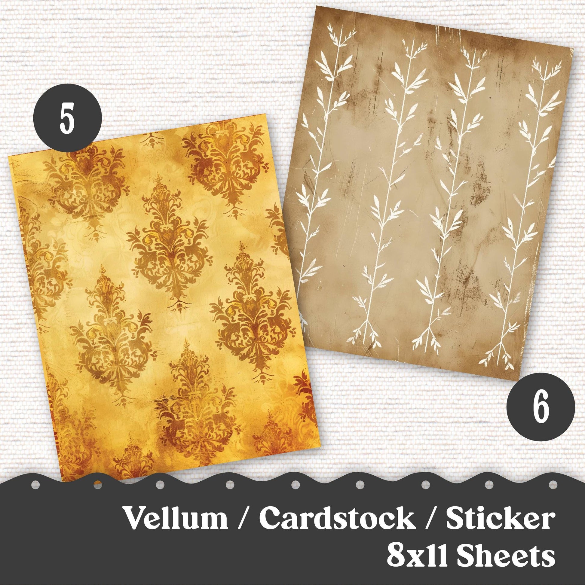 Vellum or Cardstock Dashboard Tip-in for Planners or Junk Journaling - Kit 112V- Vintage Gold