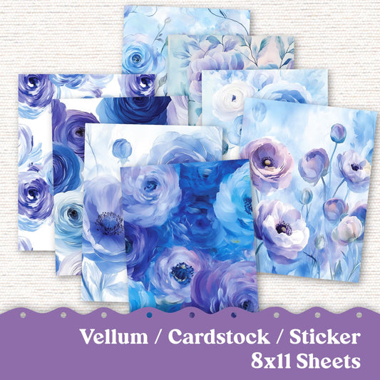 Vellum or Cardstock Dashboard Tip-in for Planners or Junk Journaling - Kit 113V Vellum Purple Winter Blue Flowers Ranunculus