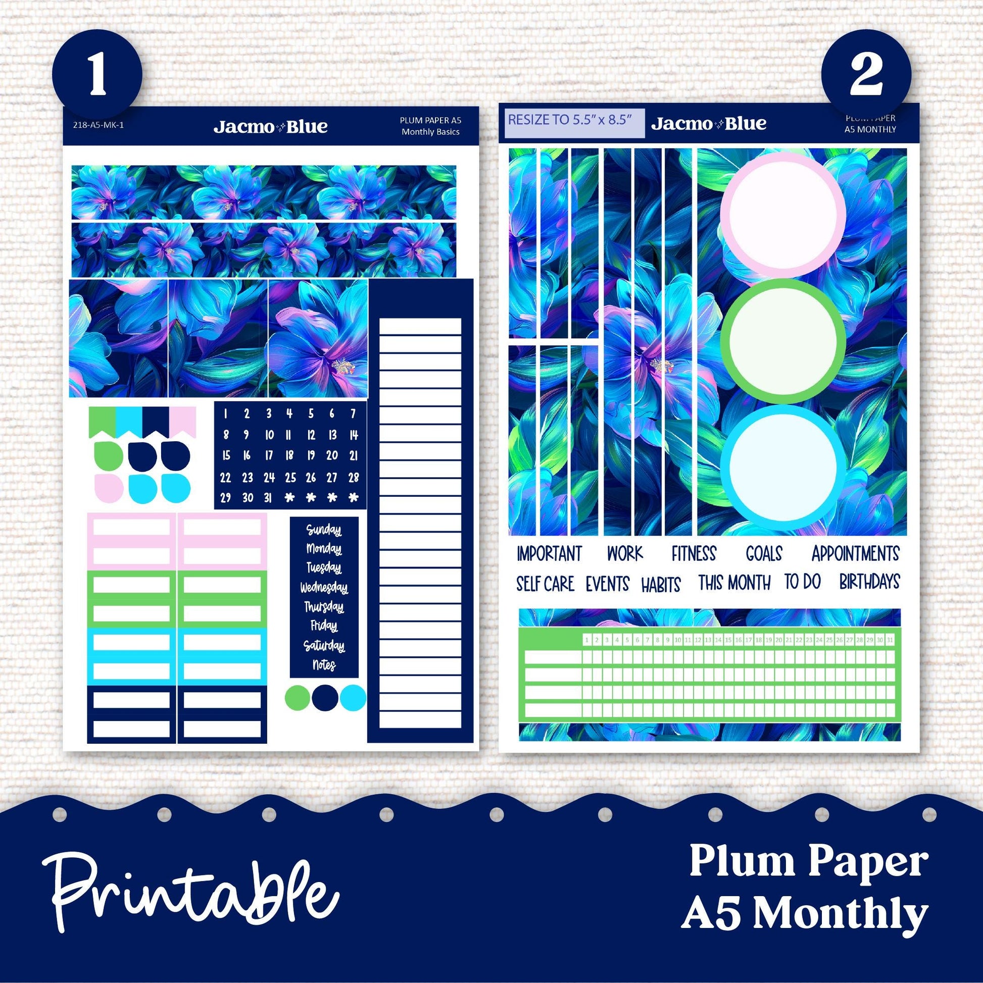 PRINTABLE Plum Paper Planner Monthly Stickers Spring 8x11 7x9 A5 Print and Cut - Kit 218 Extrovert Includes Bill Due Auto Pay and Months