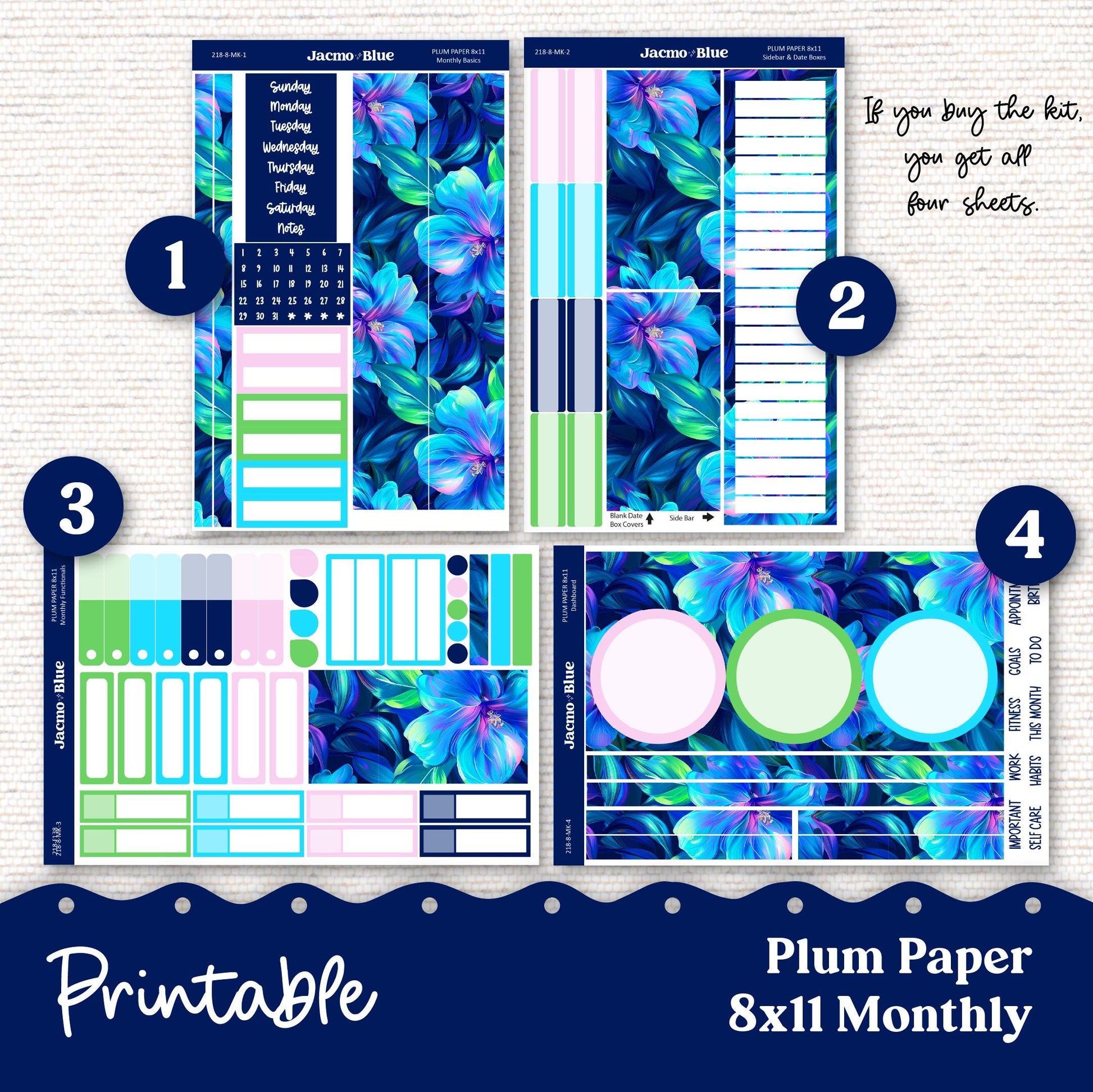 PRINTABLE Plum Paper Planner Monthly Stickers Spring 8x11 7x9 A5 Print and Cut - Kit 218 Extrovert Includes Bill Due Auto Pay and Months