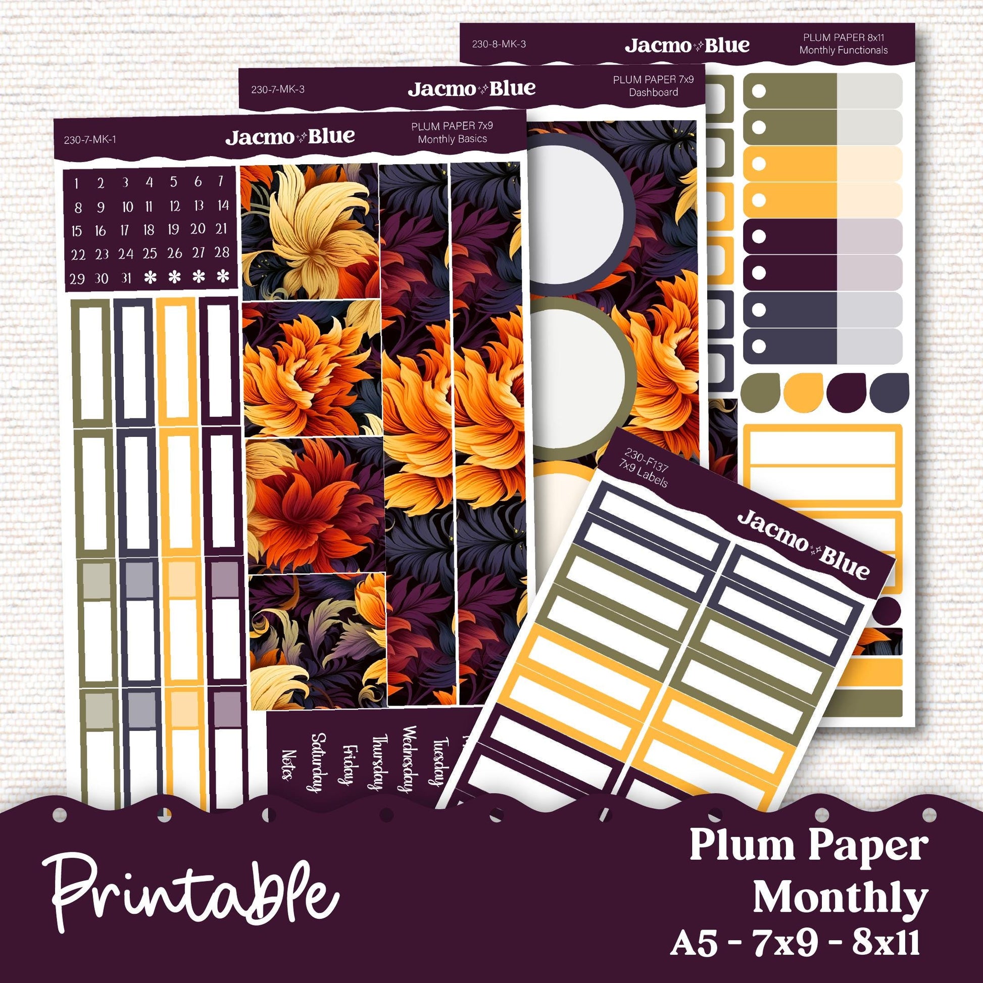 Firey Plum Paper Planner PRINTABLE Monthly Stickers 8x11 7x9 A5 Print Cut Download Cricut Transparent PNG and Silhouette - 230P Fall Autumn