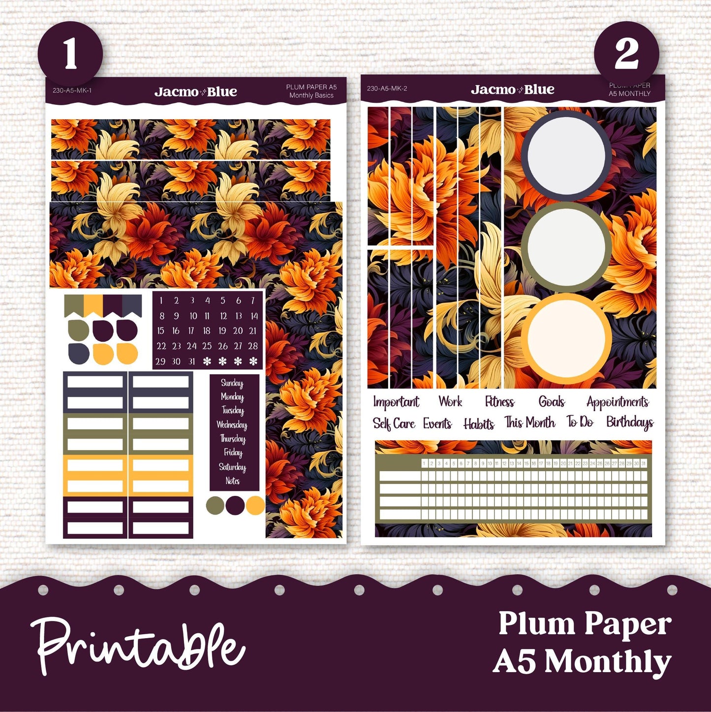 Firey Plum Paper Planner PRINTABLE Monthly Stickers 8x11 7x9 A5 Print Cut Download Cricut Transparent PNG and Silhouette - 230P Fall Autumn