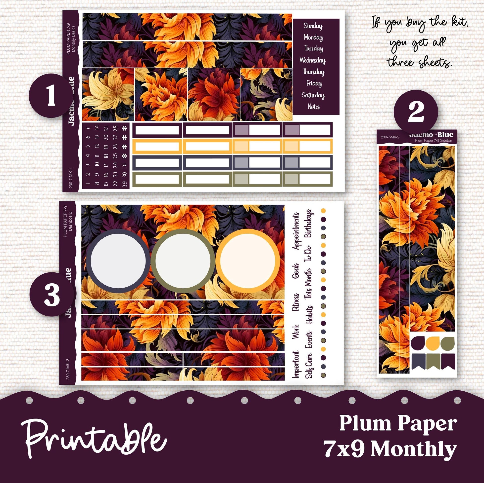 Firey Plum Paper Planner PRINTABLE Monthly Stickers 8x11 7x9 A5 Print Cut Download Cricut Transparent PNG and Silhouette - 230P Fall Autumn