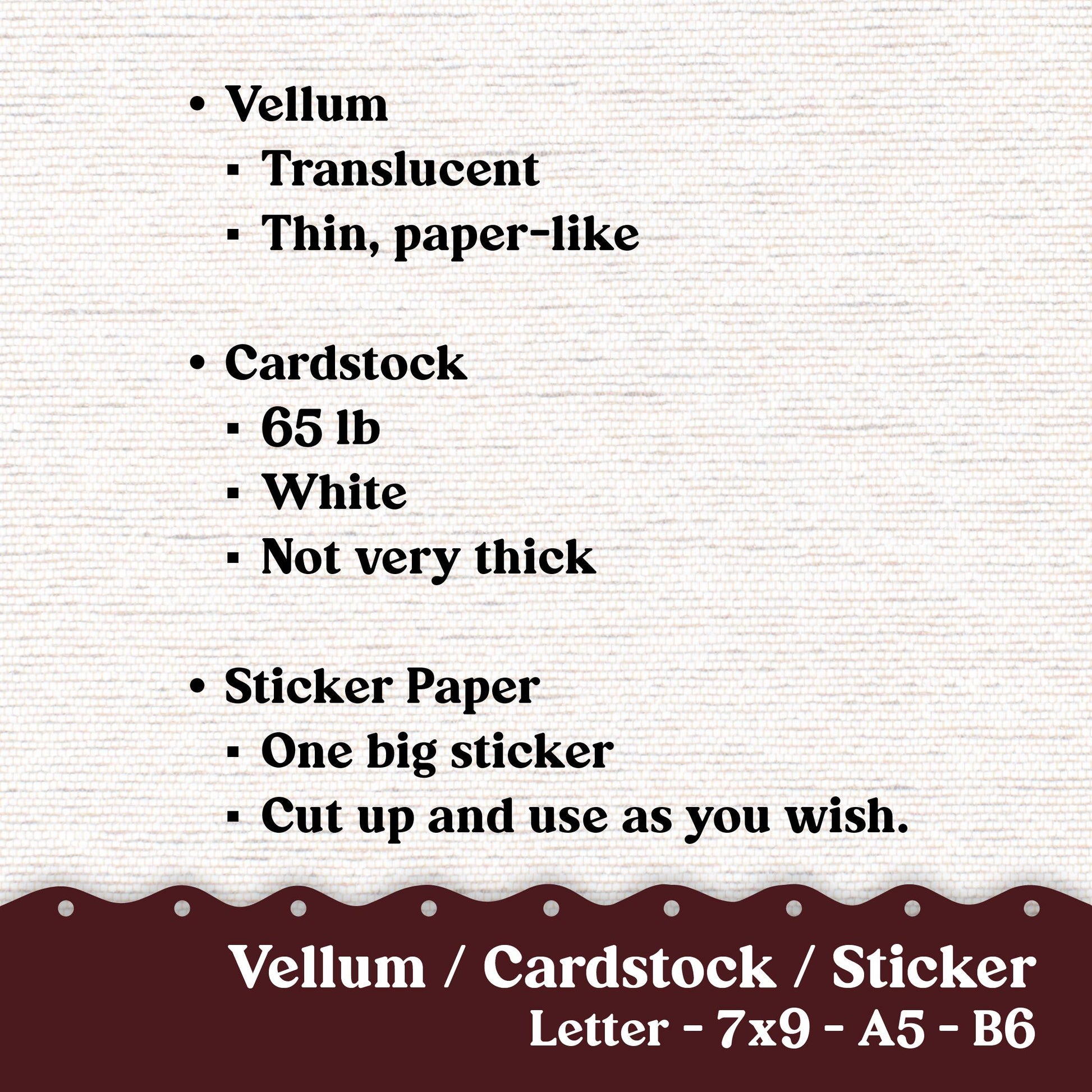 Vellum or Cardstock Dashboard Tip-in for Planners or Junk Journaling - Kit 118V - Warm Burgandy - Letter A5 7x9 B6