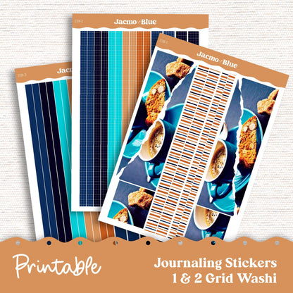 Printable Thin Washi & Minimal Basics for Journaling 3.9mm Washi Planners Sticker Kit Cricut Studio PNG Cut Files - Blue Coffee 239P