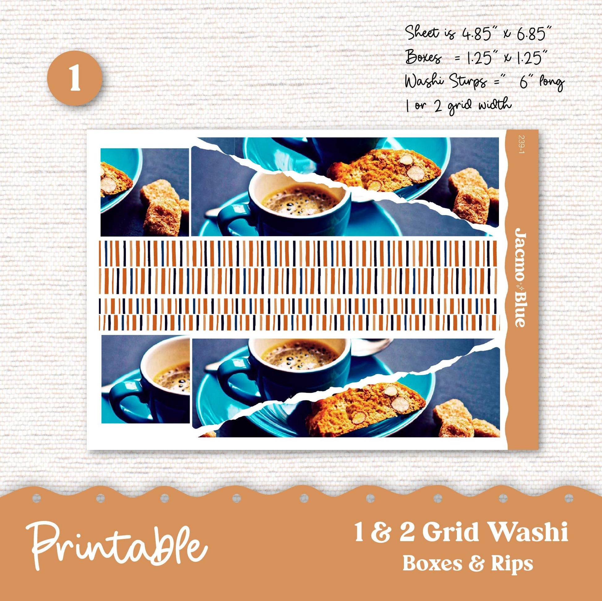 Printable Thin Washi & Minimal Basics for Journaling 3.9mm Washi Planners Sticker Kit Cricut Studio PNG Cut Files - Blue Coffee 239P