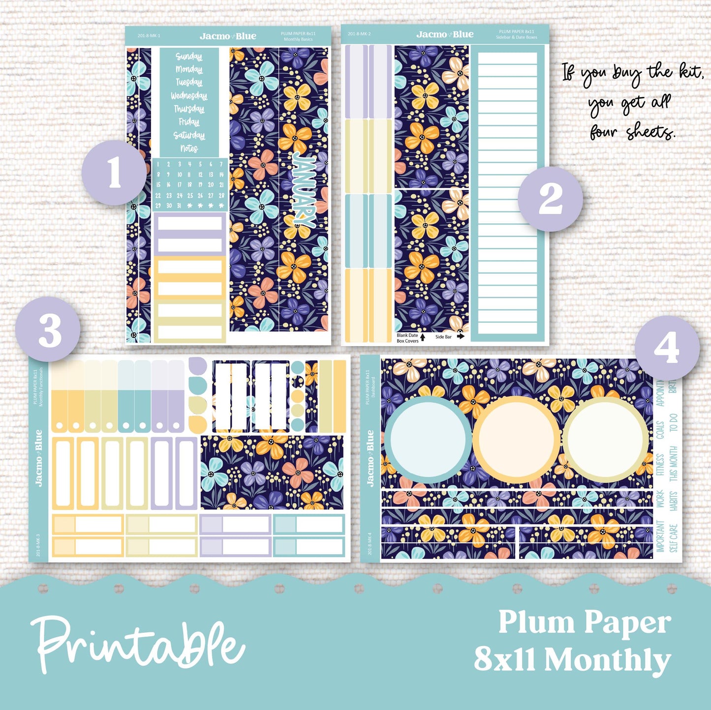 PRINTABLE Plum Paper Planner Monthly Stickers Spring 8x11 7x9 A5 Print and Cut - Kit January 201 Includes Bill Due Auto Pay and Months