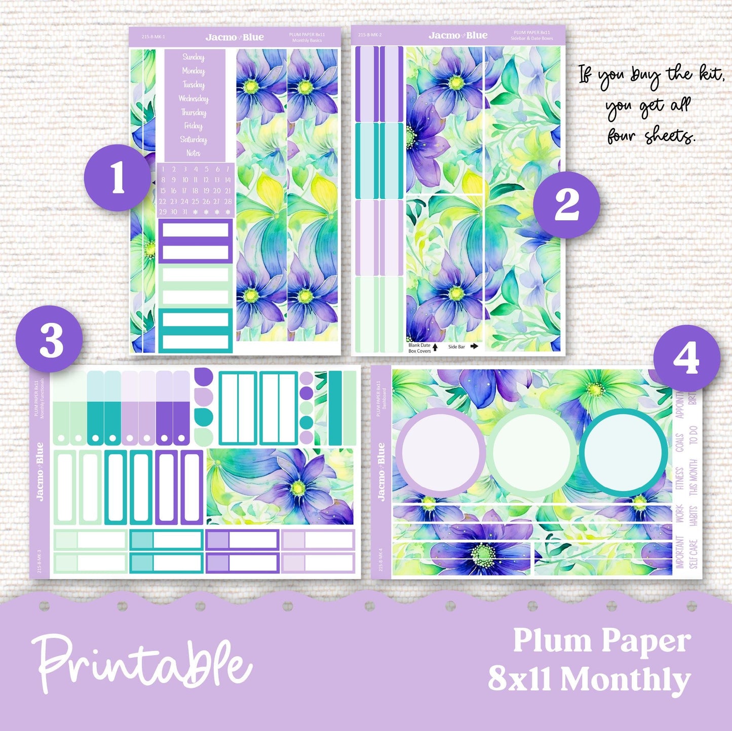 PRINTABLE September Plum Paper Planner Monthly Stickers 8x11 7x9 A5 Print and Cut - 215P Green Purple flowers Spring