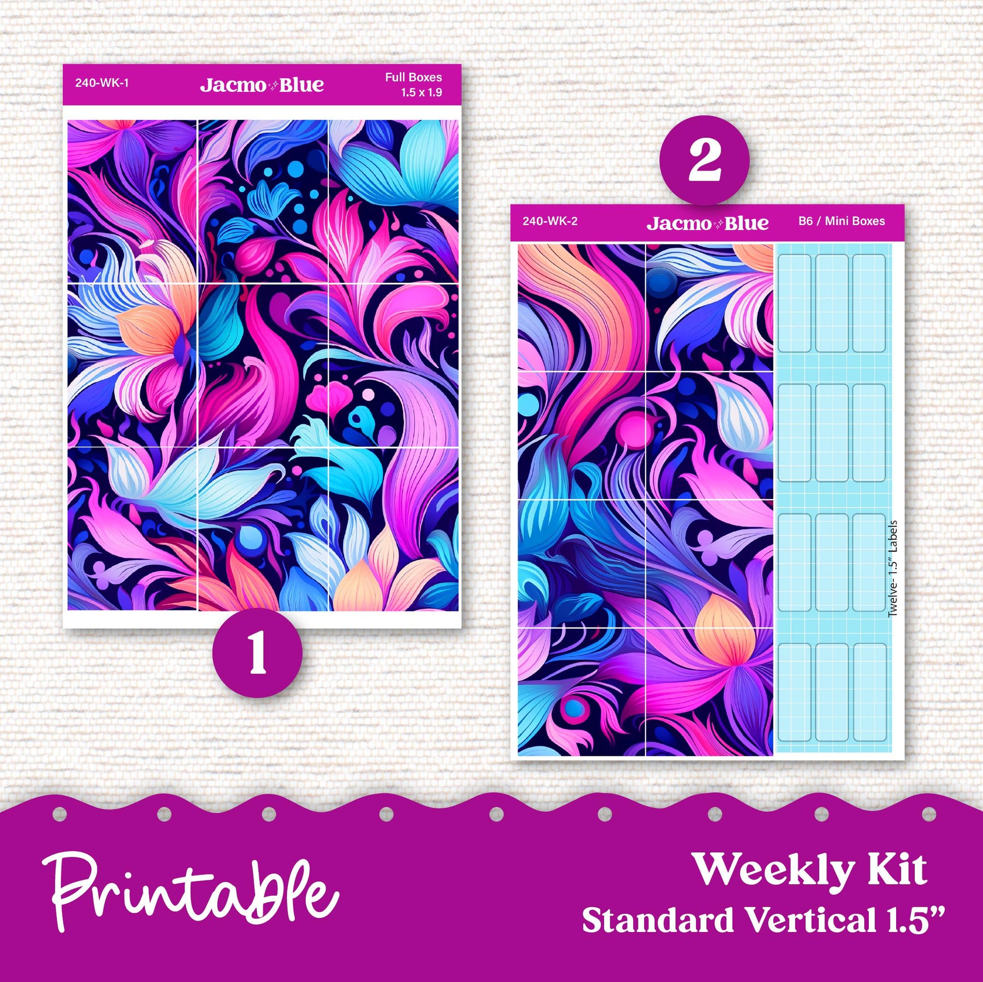 PRINTABLE Weekly Sticker Kit Vertical Planner 13 Sheets - Silhouette Cricut Transparent PNG Files 240 Outrageous Bright Pink Purple