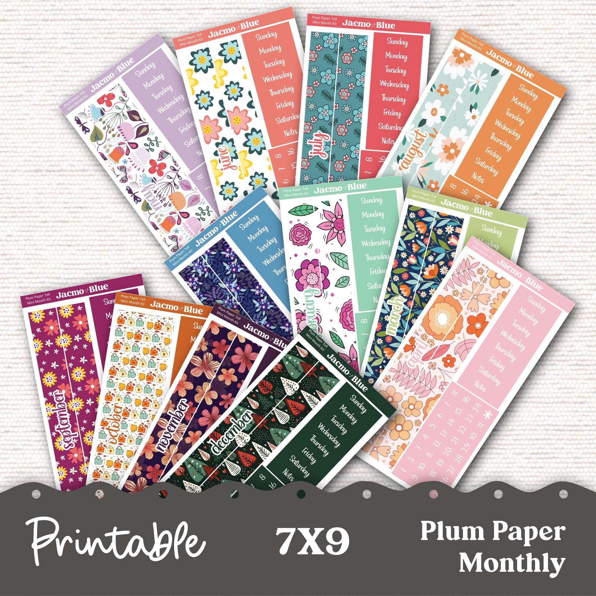 Printable 7x9 Kits Sticker Mini Monthly Kit 2025- All 12 Months Bundle Cricut Silhouette Studio Transparent PNG - Plum Paper