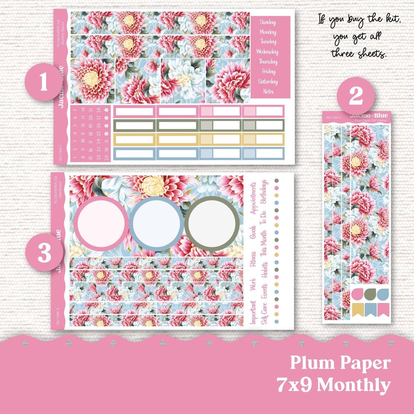 Plum Paper Monthly Sticker Kit for 8x11 7x9 A5 Planners - Kit 181 Planner Stickers Pink Vintage Kimono