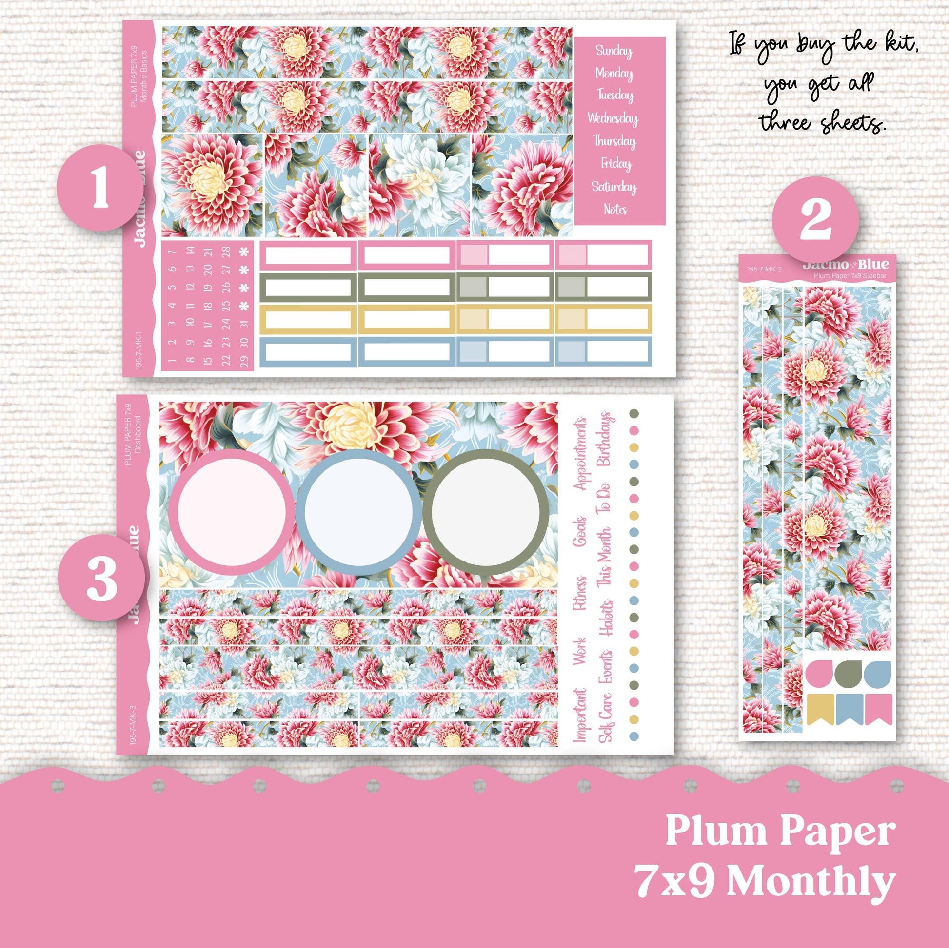 Plum Paper Monthly Sticker Kit for 8x11 7x9 A5 Planners - Kit 181 Planner Stickers Pink Vintage Kimono