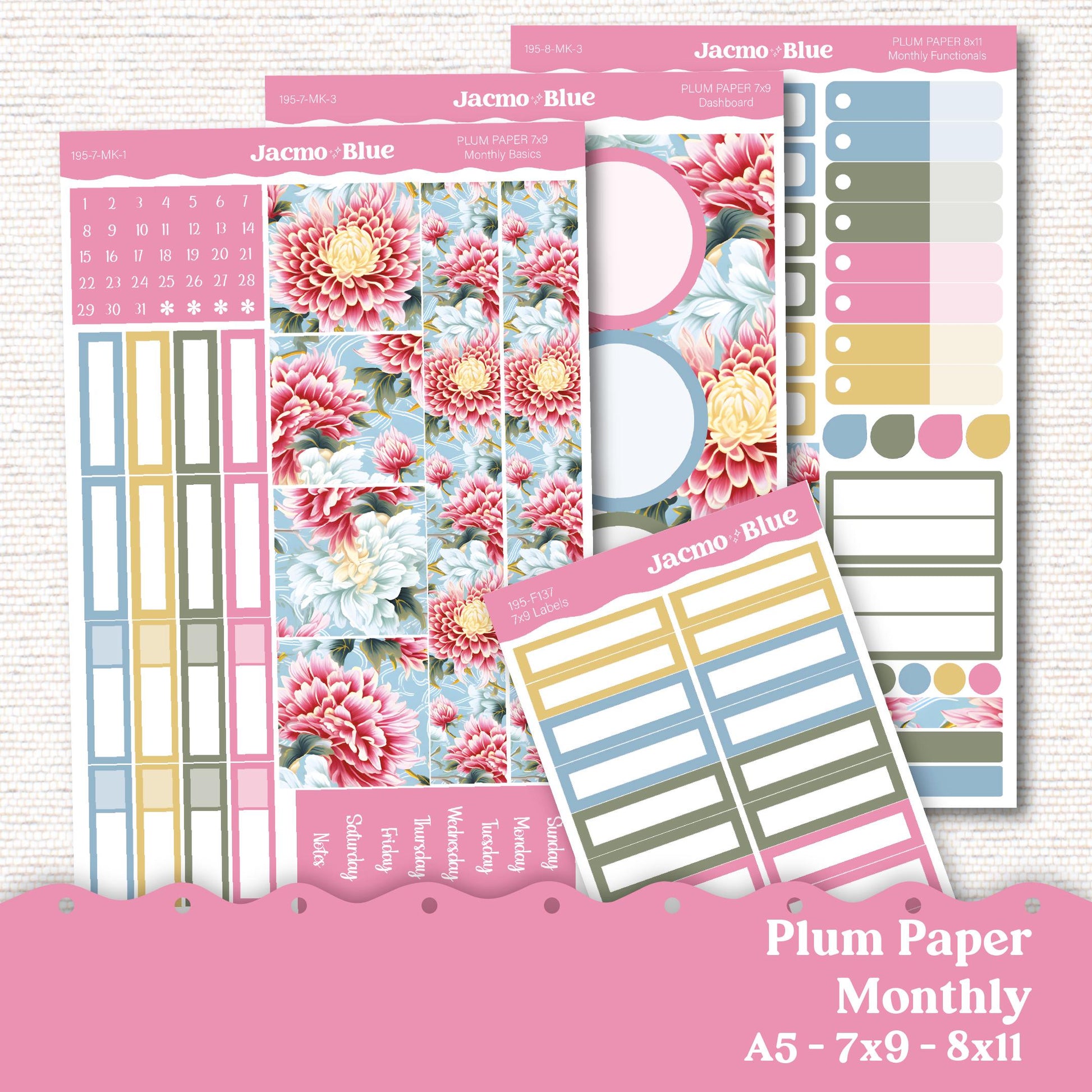 Plum Paper Monthly Sticker Kit for 8x11 7x9 A5 Planners - Kit 181 Planner Stickers Pink Vintage Kimono