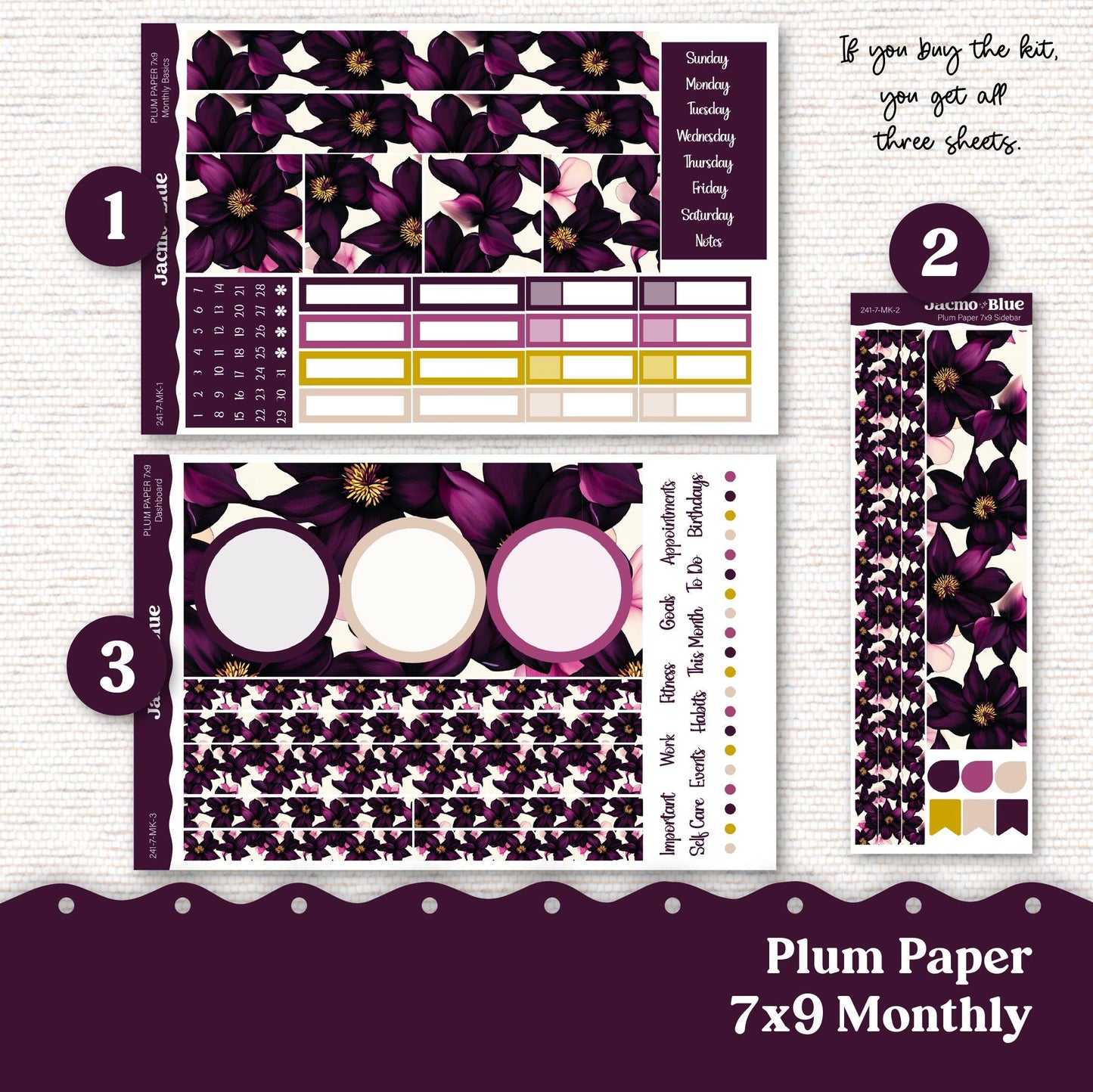 Plum Paper Monthly Sticker Kit for 8x11 7x9 A5 Planners - Kit 241 Planner Stickers Violet Mood